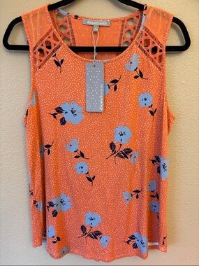 NEW! Daniel Rainn Medium Coral Orange Blue Floral Crochet Yoke Tank Top